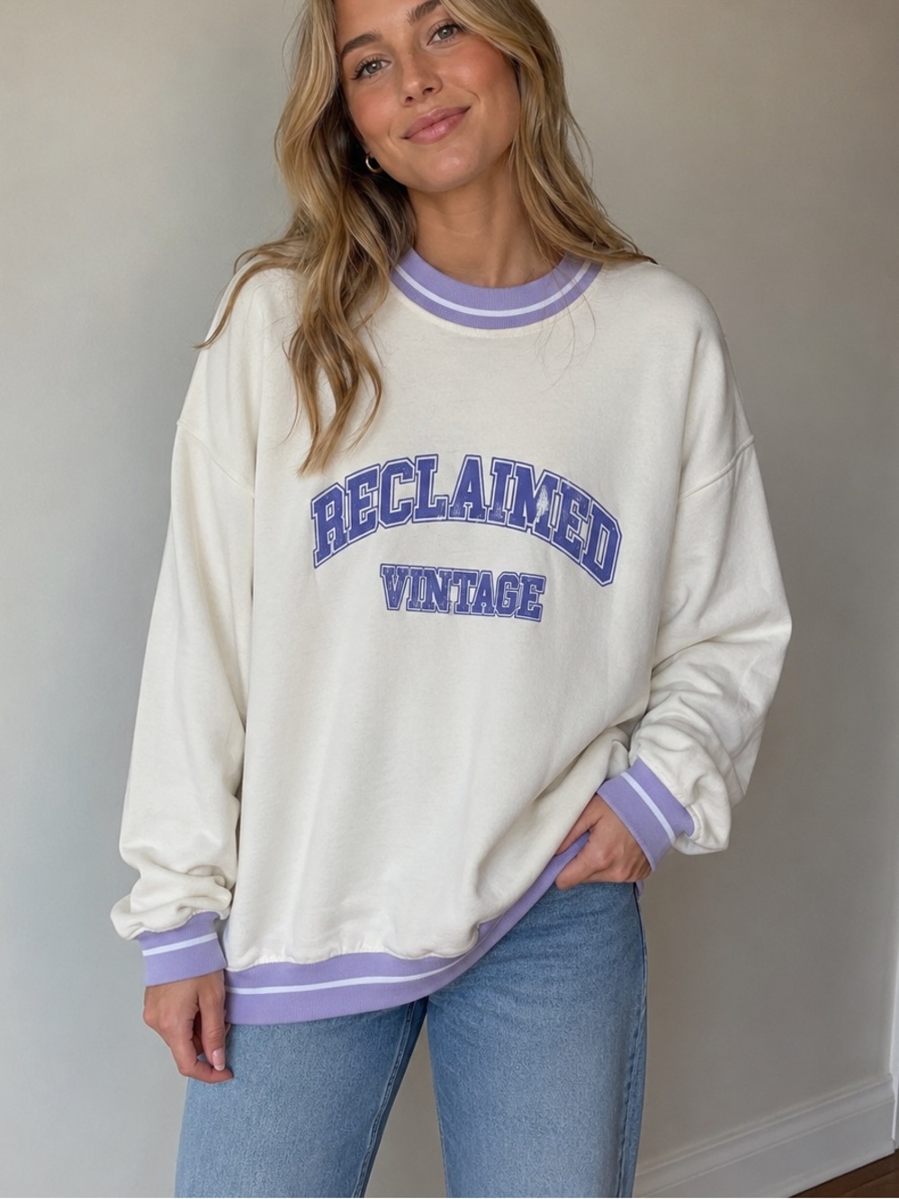 Reclaimed Vintage Cream Crewneck with Lavender Trim